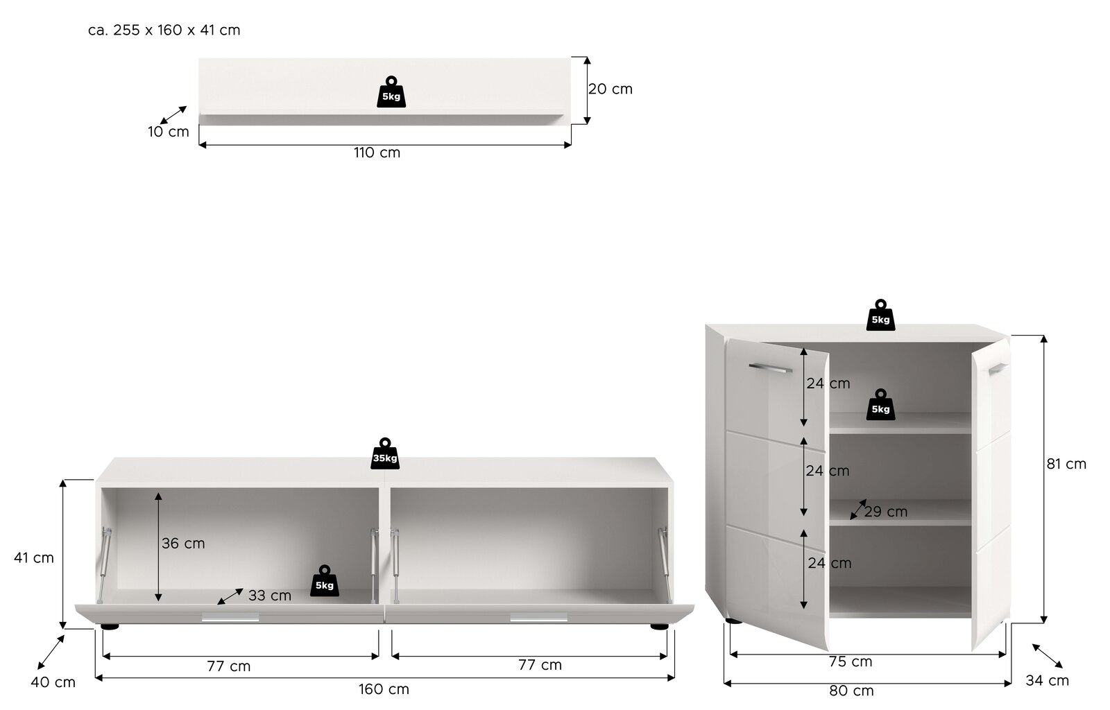 Weiße TV-Lowboard- und Highboard-Kombination mit Klapptüren und Einlegeböden, Maßgrafik mit Abmessungen und Belastungsangaben, dargestellt in Frontansicht (Lowboard) und schräger Perspektive (Highboard)