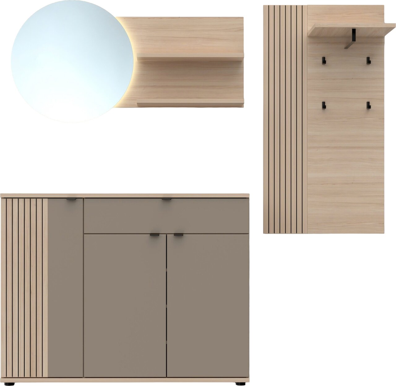 XORA Garderobenkombination PISA Modernes Garderoben-Set in hellem Holz und Taupe mit rundem Spiegel, Wandboard, Hakenleiste und Unterschrank, frontale Ansicht auf weißem Hintergrund