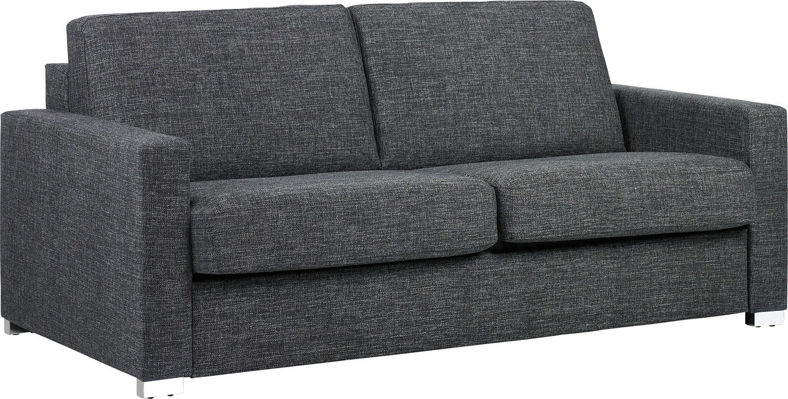 Novel Schlafsofa BRUTUS Graues Verwandlungssofa in Frontalansicht mit zwei Sitzkissen und Armlehnen.