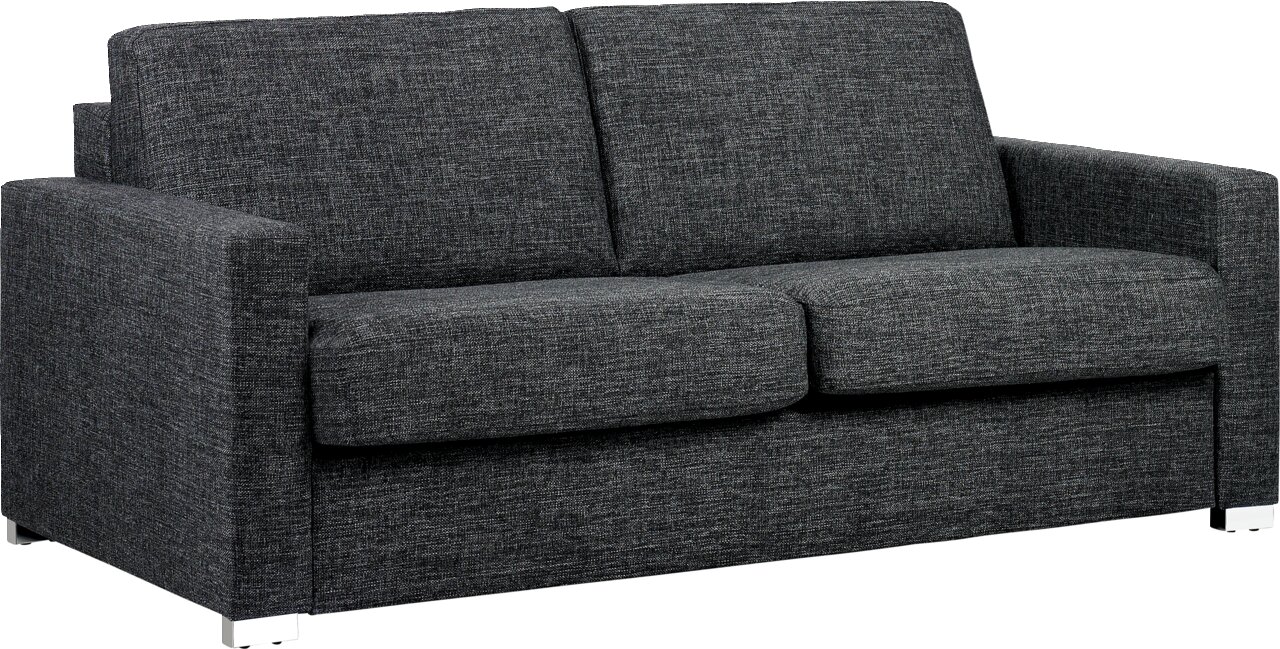 Novel Schlafsofa BRUTUS Graues Verwandlungssofa in Frontalansicht mit zwei Sitzkissen und Armlehnen.