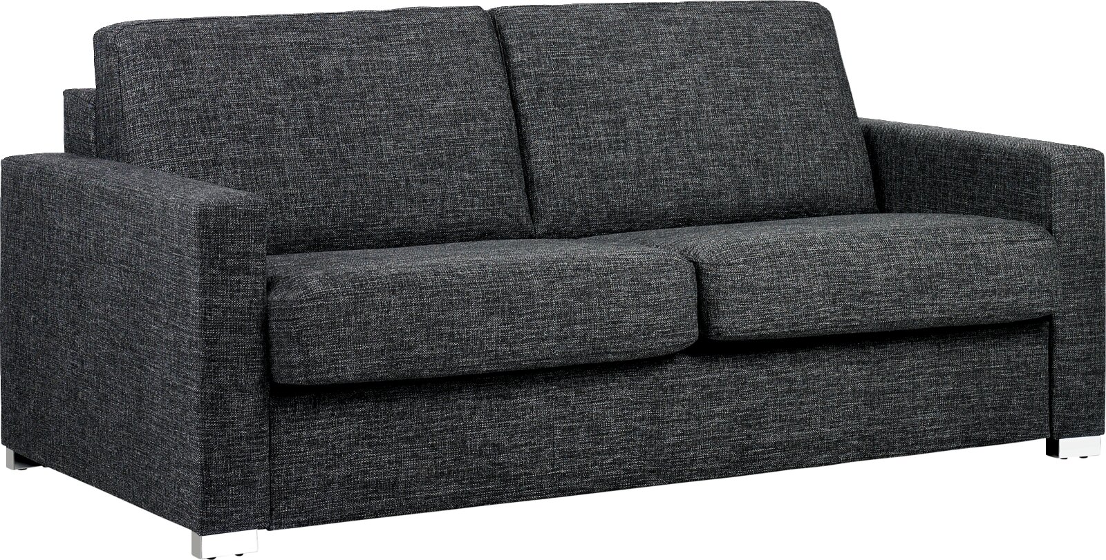 Novel Schlafsofa BRUTUS Graues Verwandlungssofa in Frontalansicht mit zwei Sitzkissen und Armlehnen.