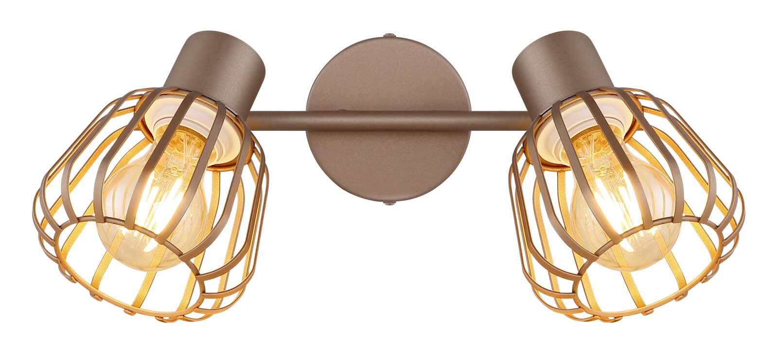Zweiflammige Wand- oder Deckenleuchte in Taupe mit goldfarbenen Drahtkäfig-Schirmen und sichtbaren Filament-Leuchtmitteln, frontale Ansicht