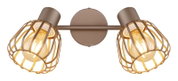 Zweiflammige Wand- oder Deckenleuchte in Taupe mit goldfarbenen Drahtkäfig-Schirmen und sichtbaren Filament-Leuchtmitteln, frontale Ansicht