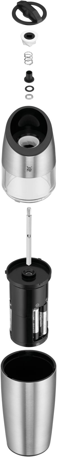 Explosionsansicht eines zweiteiligen Elektromühlensets aus Edelstahl, bestehend aus mehreren Komponenten, von oben nach unten angeordnet.