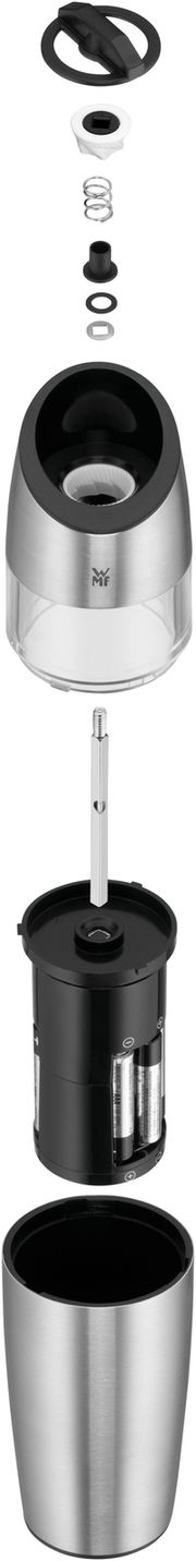 Explosionsansicht eines zweiteiligen Elektromühlensets aus Edelstahl, bestehend aus mehreren Komponenten, von oben nach unten angeordnet.