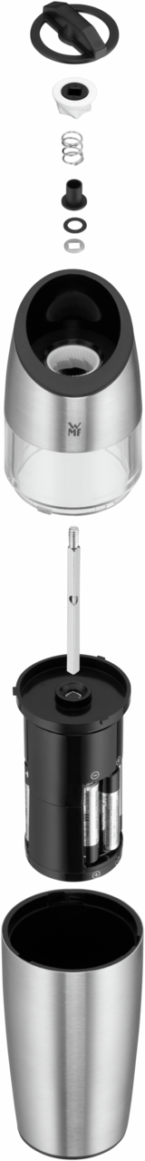 Explosionsansicht eines zweiteiligen Elektromühlensets aus Edelstahl, bestehend aus mehreren Komponenten, von oben nach unten angeordnet.