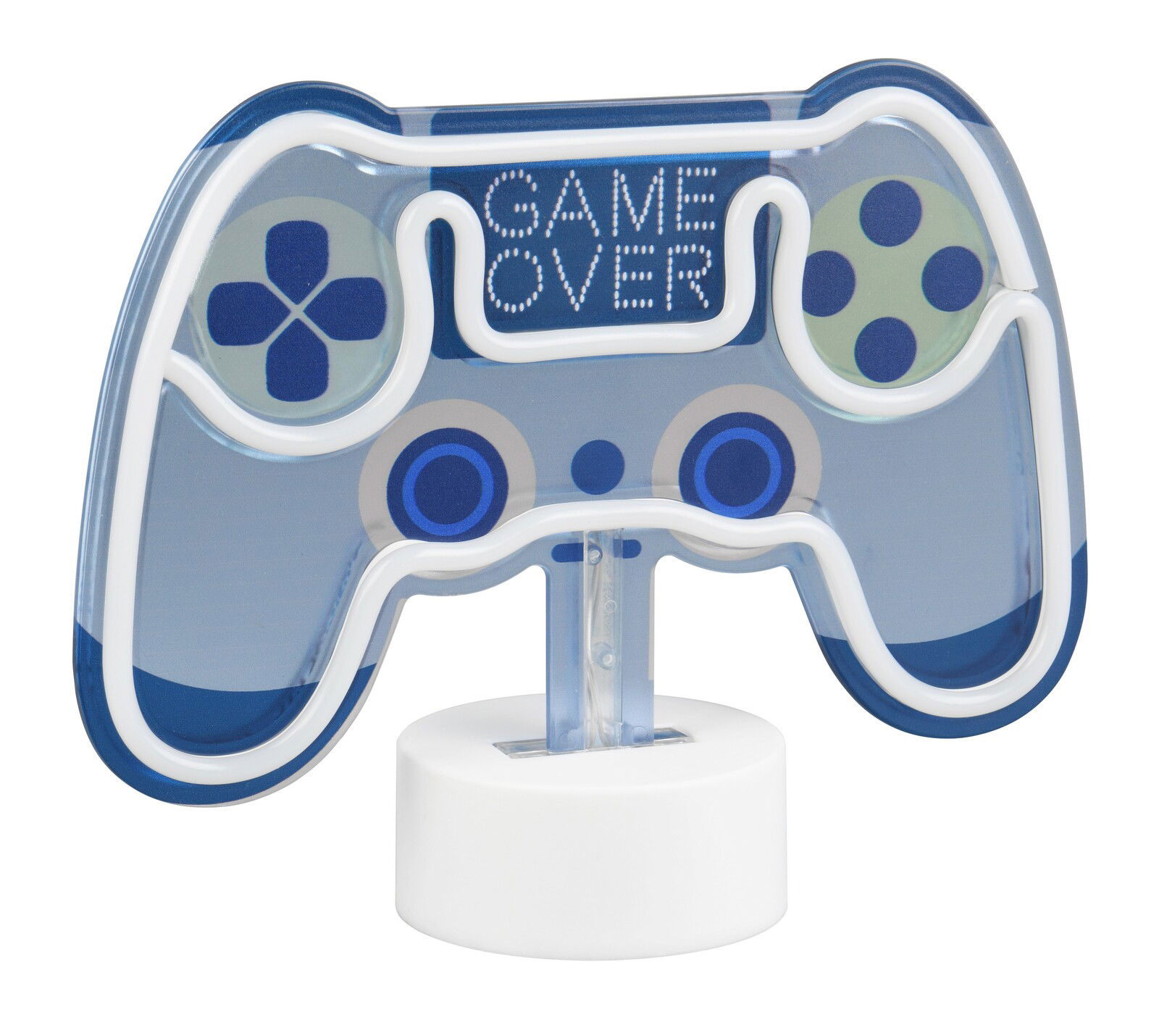Tischleuchte in Form eines blauen Game-Controllers mit der Aufschrift 'Game Over', seitliche Perspektive