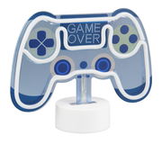 Tischleuchte in Form eines blauen Game-Controllers mit der Aufschrift 'Game Over', seitliche Perspektive