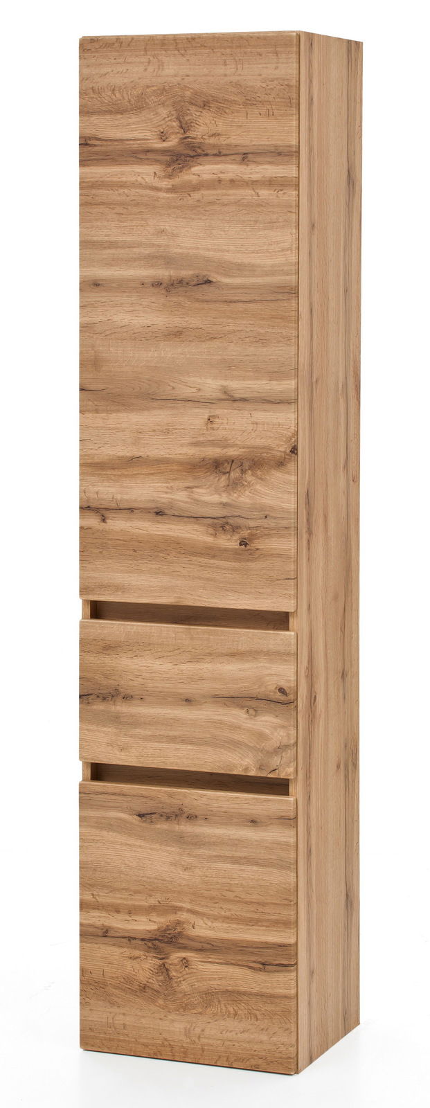 Hochschrank aus Holz in natürlicher Optik, frontal fotografiert