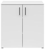 Weiße Kommode mit zwei Türen und schwarzen Griffen, frontale Ansicht