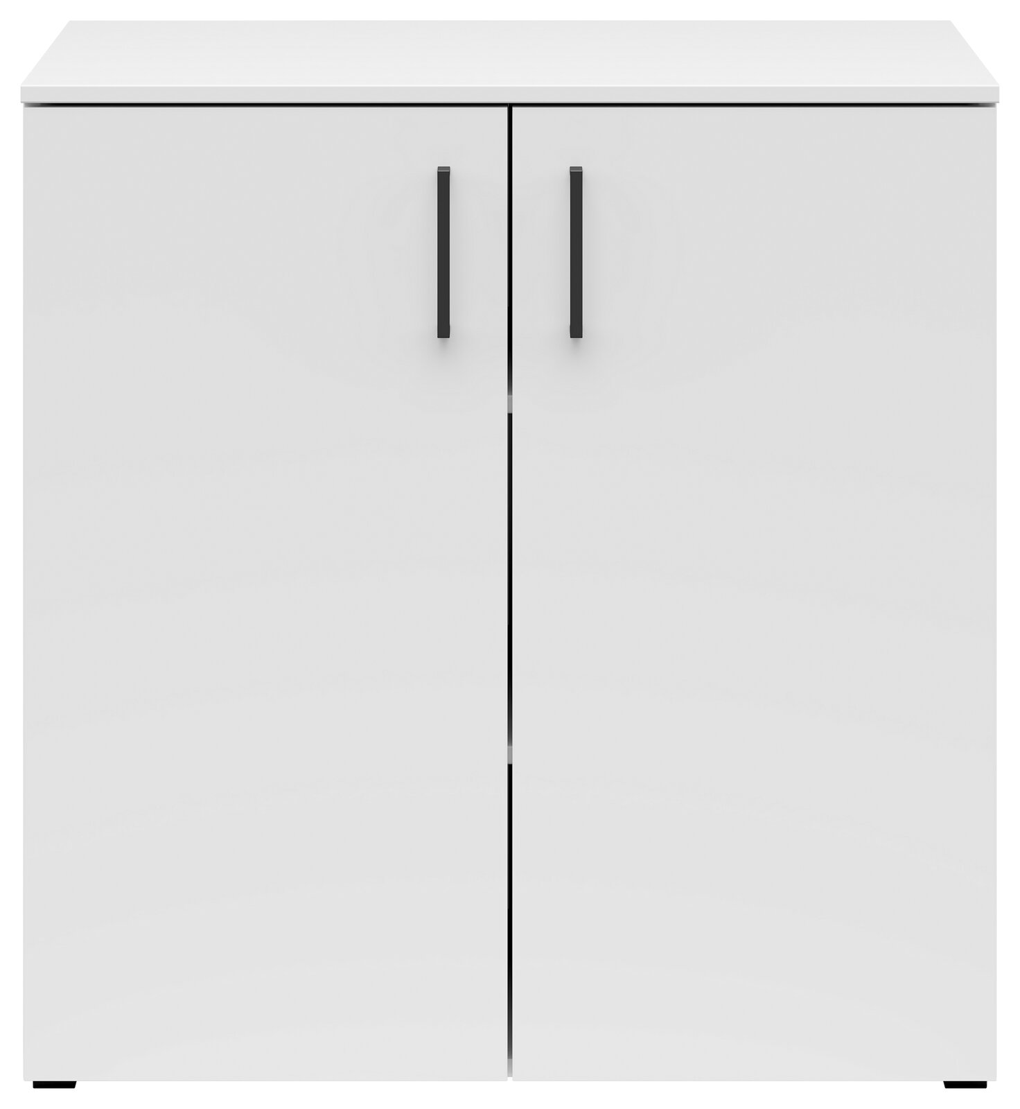 Weiße Kommode mit zwei Türen und schwarzen Griffen, frontale Ansicht