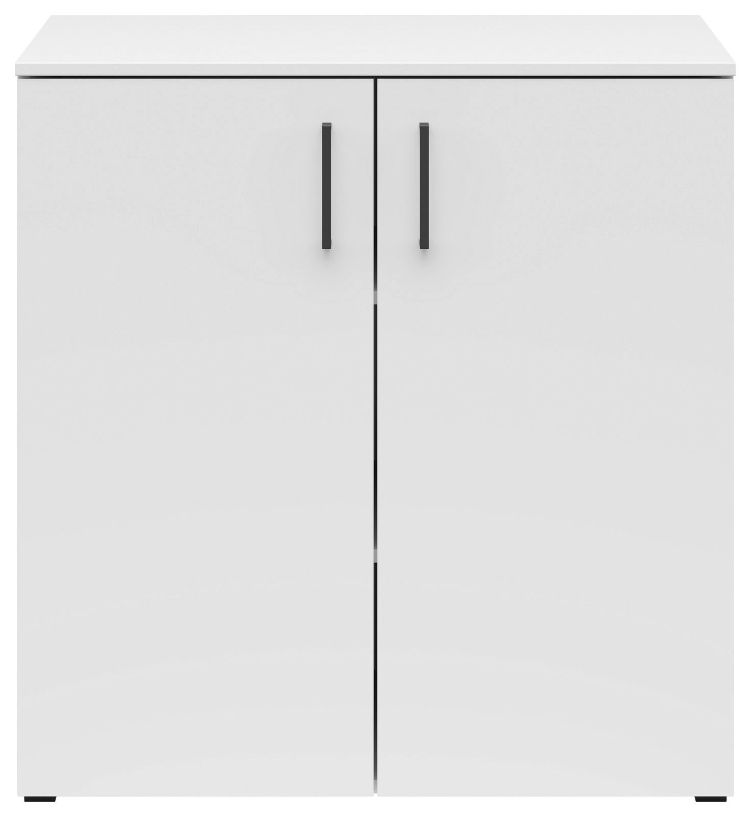 Weiße Kommode mit zwei Türen und schwarzen Griffen, frontale Ansicht
