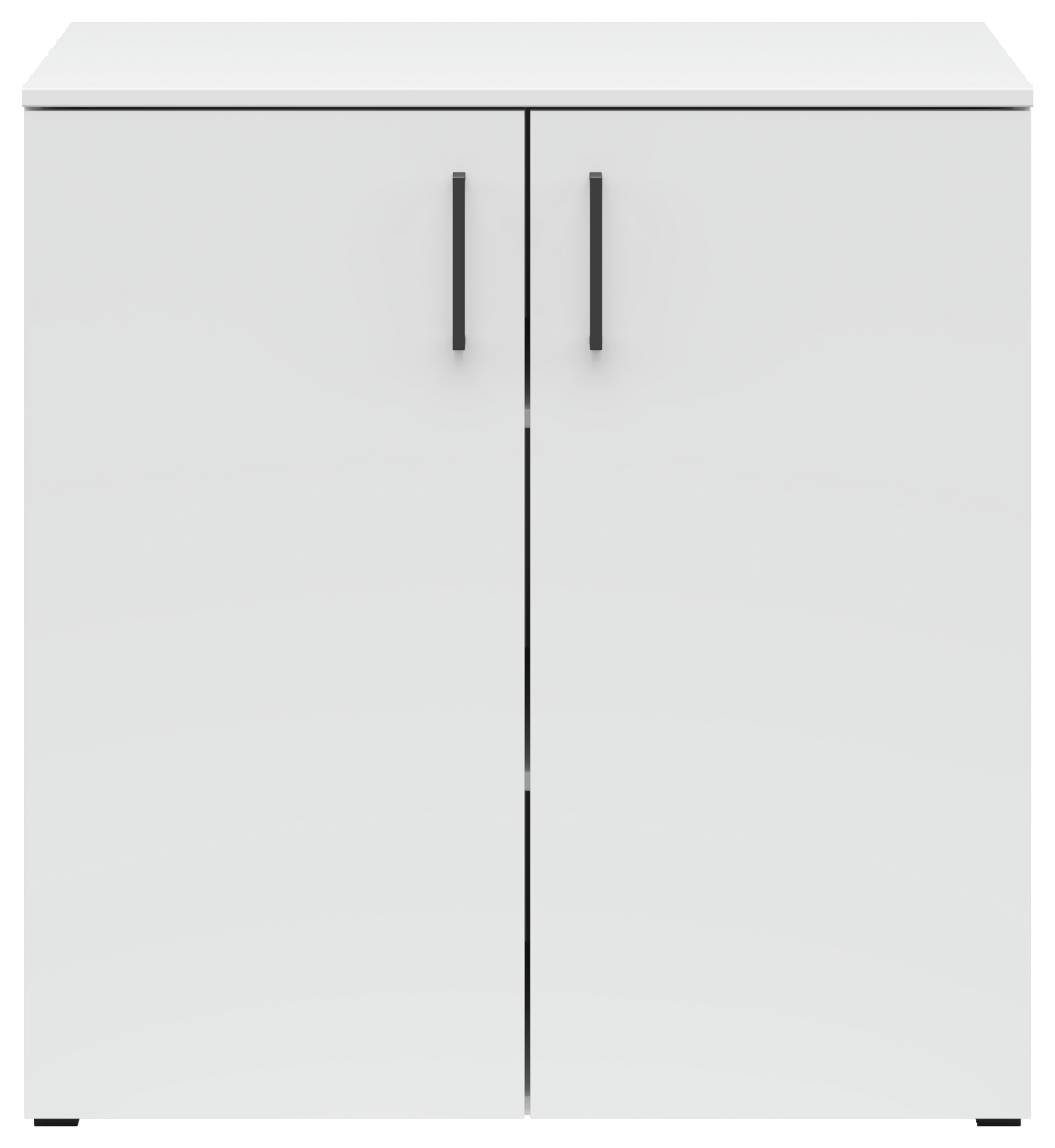 Weiße Kommode mit zwei Türen und schwarzen Griffen, frontale Ansicht