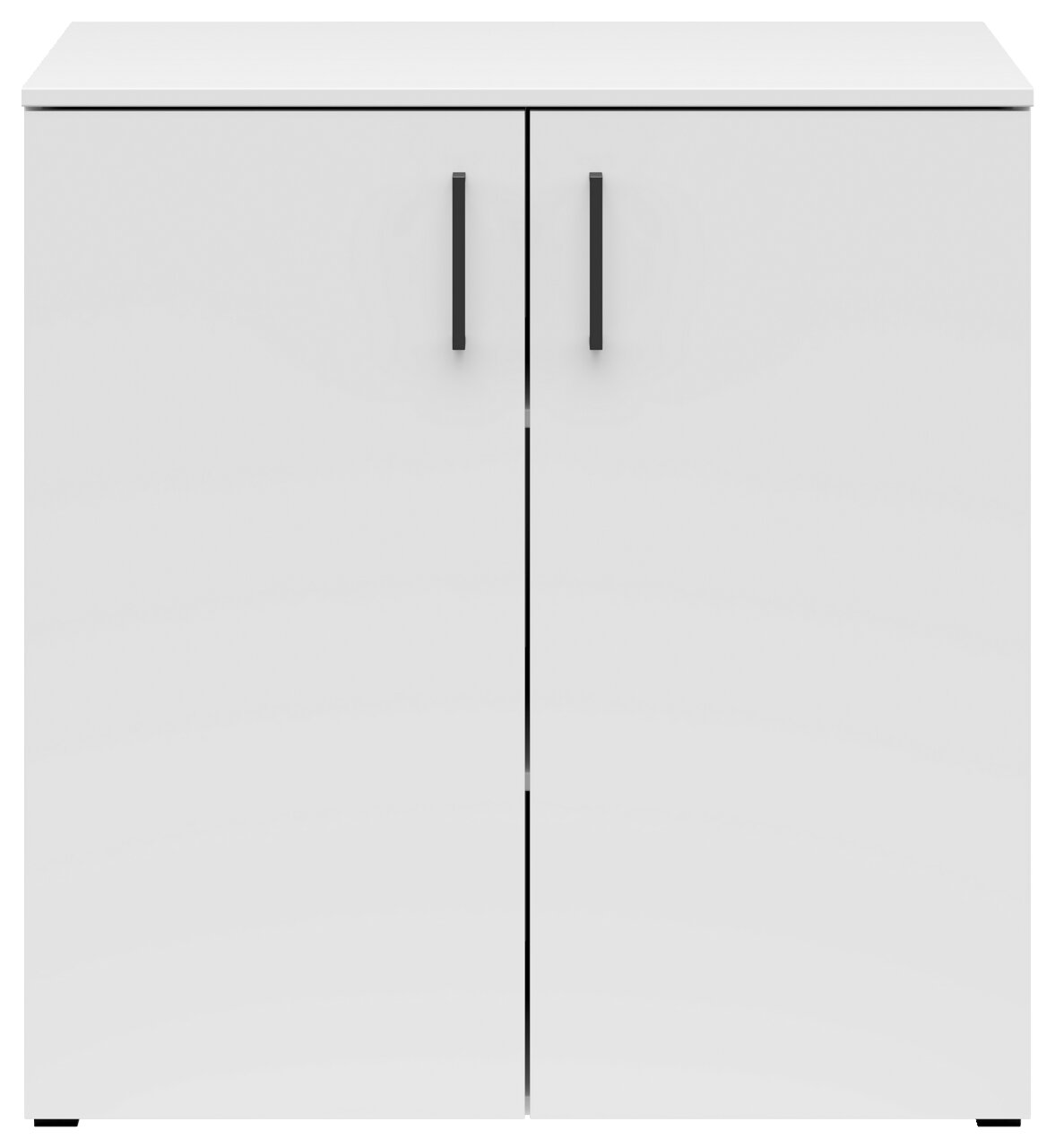 Weiße Kommode mit zwei Türen und schwarzen Griffen, frontale Ansicht