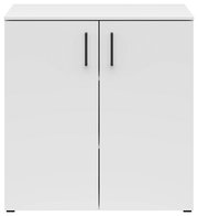 Weiße Kommode mit zwei Türen und schwarzen Griffen, frontale Ansicht