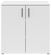 Weiße Kommode mit zwei Türen und schwarzen Griffen, frontale Ansicht