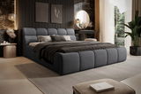 Modernes Polsterbettgestell in einem stilvollen Schlafzimmer, seitliche Perspektive