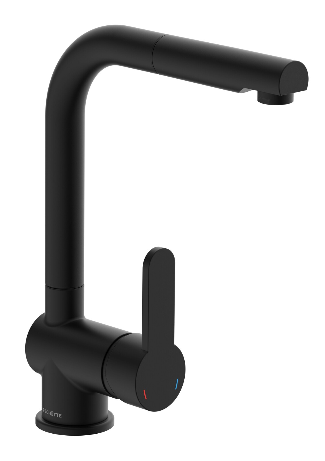 Schwarze Spültischarmatur mit modernem Design, seitliche Ansicht