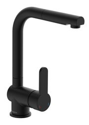 Schwarze Spültischarmatur mit modernem Design, seitliche Ansicht