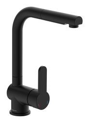 Schwarze Spültischarmatur mit modernem Design, seitliche Ansicht