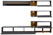 TV-Lowboard-Kombination in moderner Perspektive mit grauen und holzfarbenen Elementen, inklusive beleuchteten Fächern und Glasfronten.