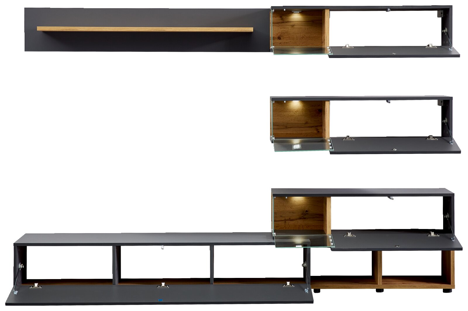 TV-Lowboard-Kombination in moderner Perspektive mit grauen und holzfarbenen Elementen, inklusive beleuchteten Fächern und Glasfronten.