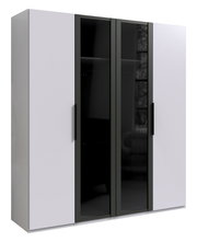 Moderner 4-türiger Drehtürenschrank mit zwei weißen und zwei schwarzen Glastüren, seitliche Perspektive.