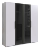 Moderner 4-türiger Drehtürenschrank mit zwei weißen und zwei schwarzen Glastüren, seitliche Perspektive.