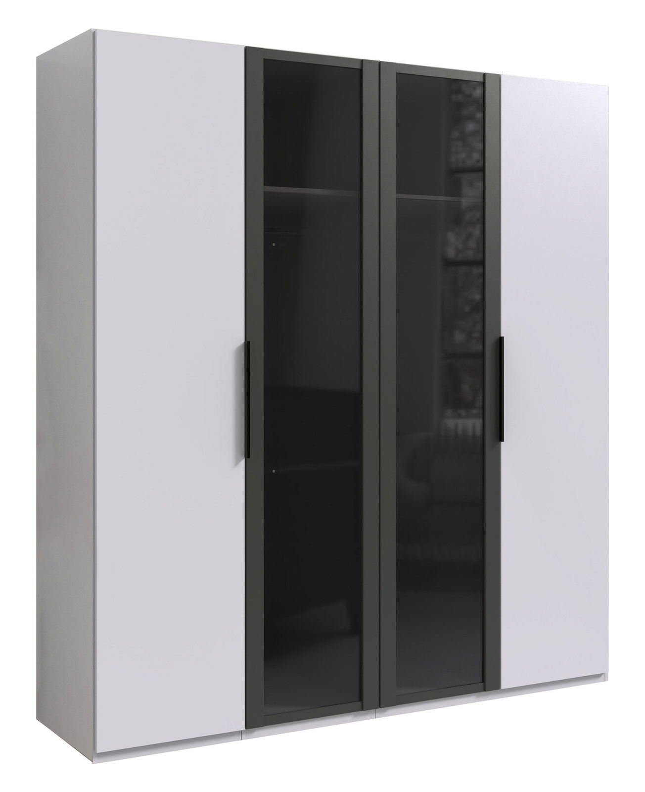 Hom´in Drehtürenschrank 4-trg. LEVEL 36 BLACK E Moderner 4-türiger Drehtürenschrank mit zwei weißen und zwei schwarzen Glastüren, seitliche Perspektive.