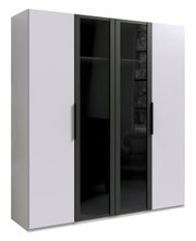 Moderner 4-türiger Drehtürenschrank mit zwei weißen und zwei schwarzen Glastüren, seitliche Perspektive.