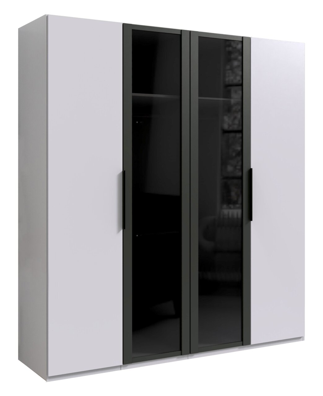 Moderner 4-türiger Drehtürenschrank mit zwei weißen und zwei schwarzen Glastüren, seitliche Perspektive.