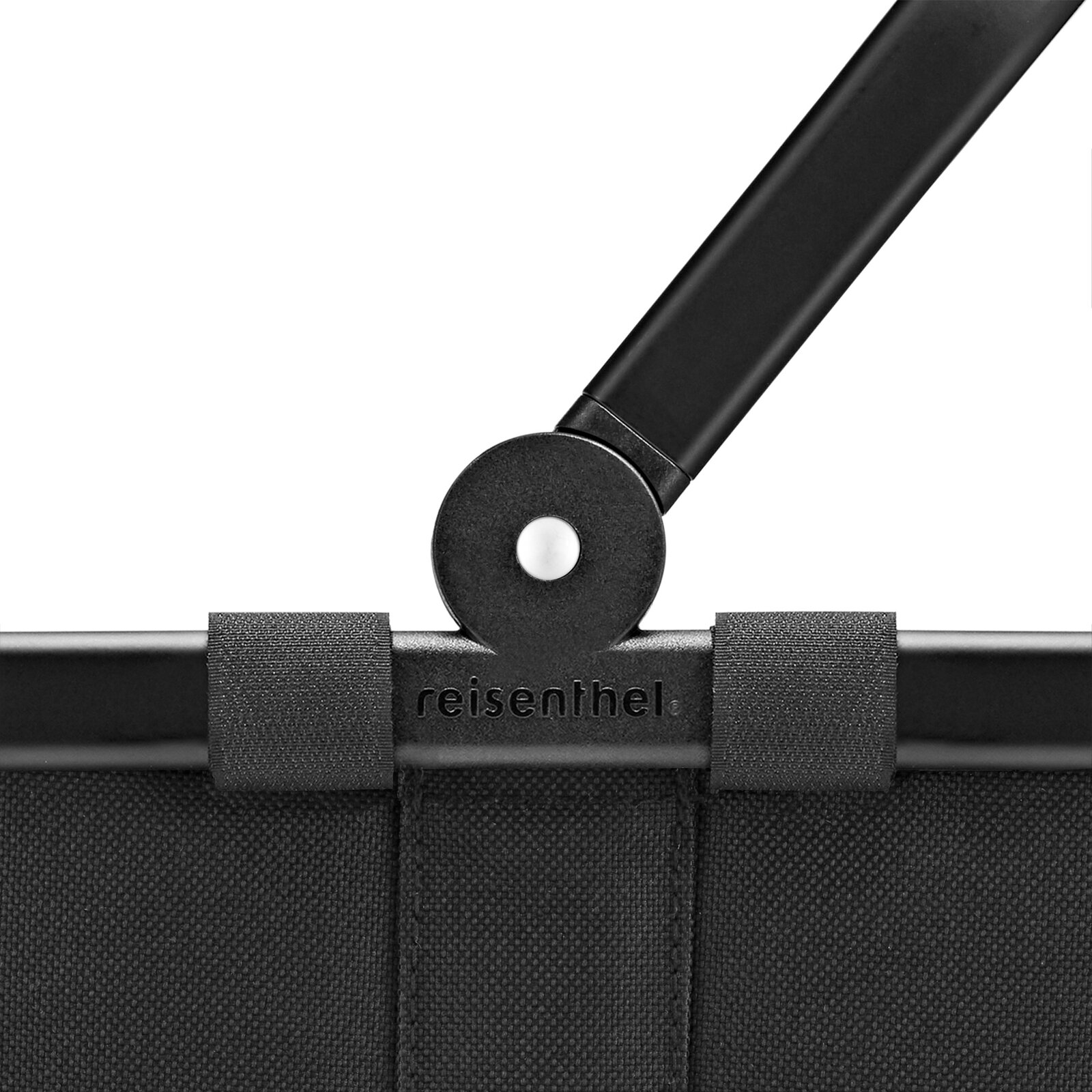Detailaufnahme aus frontaler Nahansicht: schwarzer Reisenthel-Tragegriff mit Gelenk und Stoffschlaufen an einer schwarzen Tasche/Korb vor weißem Hintergrund.