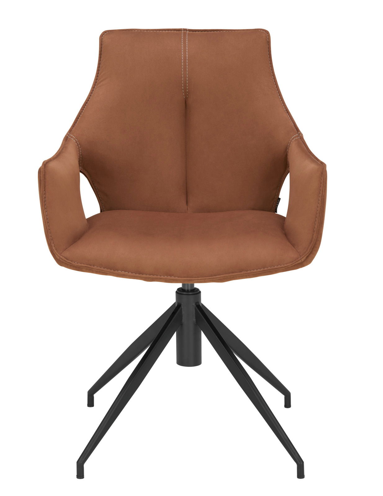 Moderner brauner Sessel mit schwarzem Metallgestell, Frontalansicht