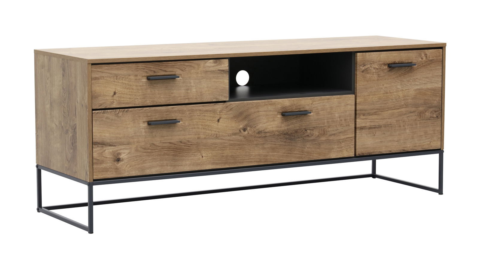 TV-Lowboard MANHATTAN aus Holz mit Metallgestell, seitliche Perspektive