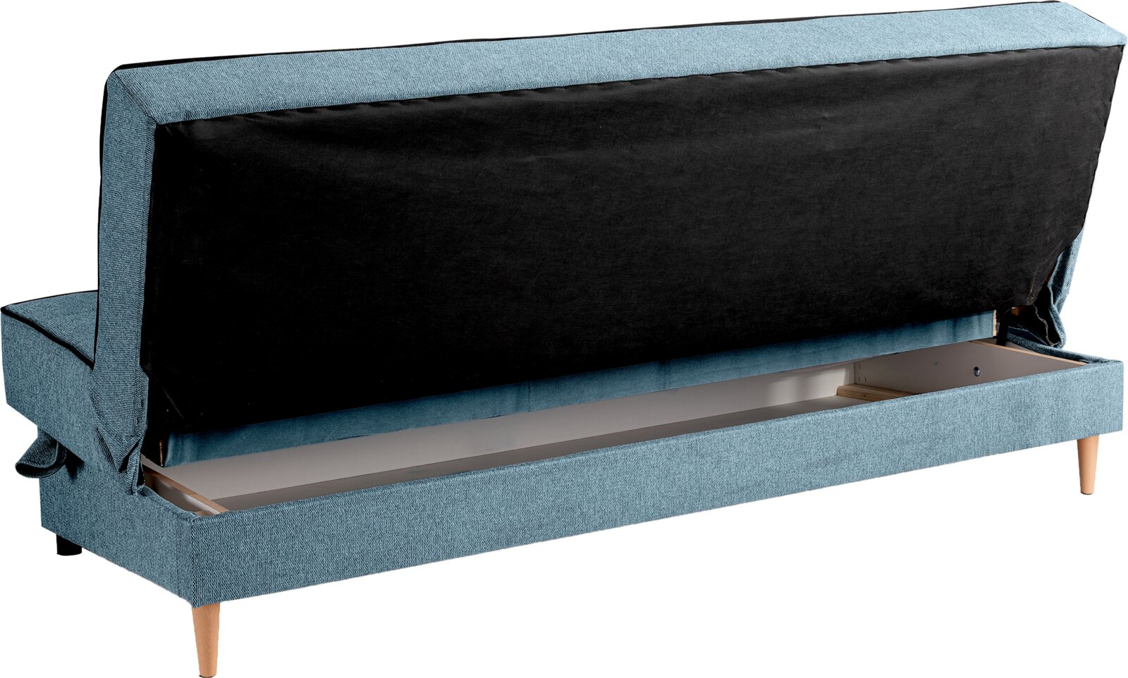 Rückansicht eines blauen Schlafsofas mit geöffnetem Stauraumfach und Holzbeinen.