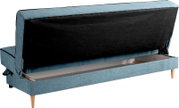Rückansicht eines blauen Schlafsofas mit geöffnetem Stauraumfach und Holzbeinen.