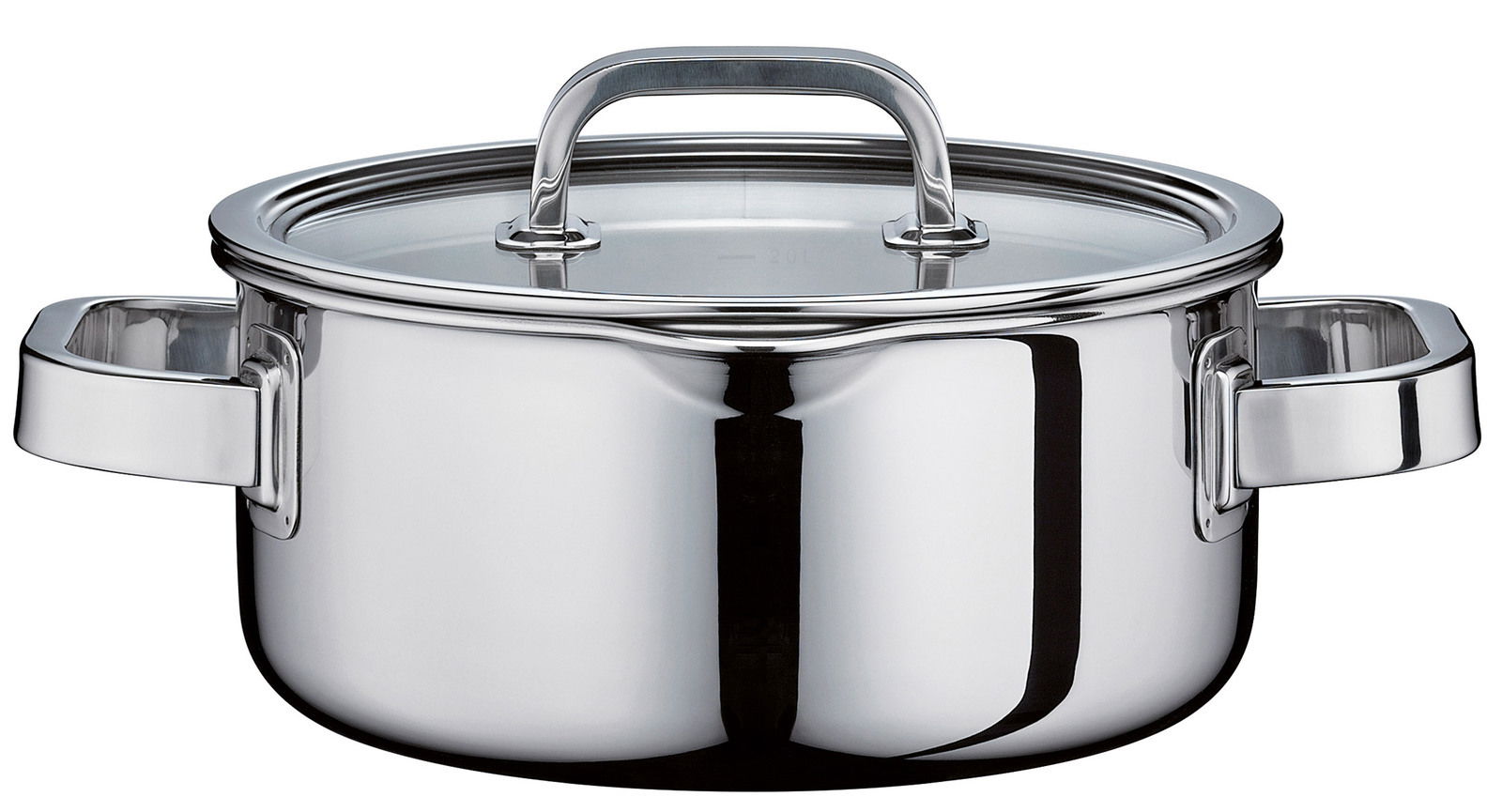 Bratentopf mit Glasdeckel aus Edelstahl, frontale Ansicht