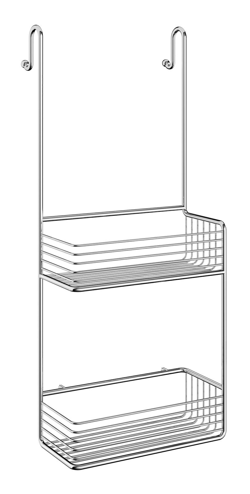 Doppelter Duschkorb aus Metall mit zwei Ablagen, seitliche Perspektive