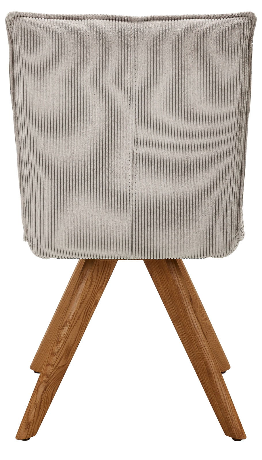 Johann Jakob Stuhl CALAS Rückansicht eines Stuhls mit gepolsterter, gerippter Rückenlehne und Holzbeinen.