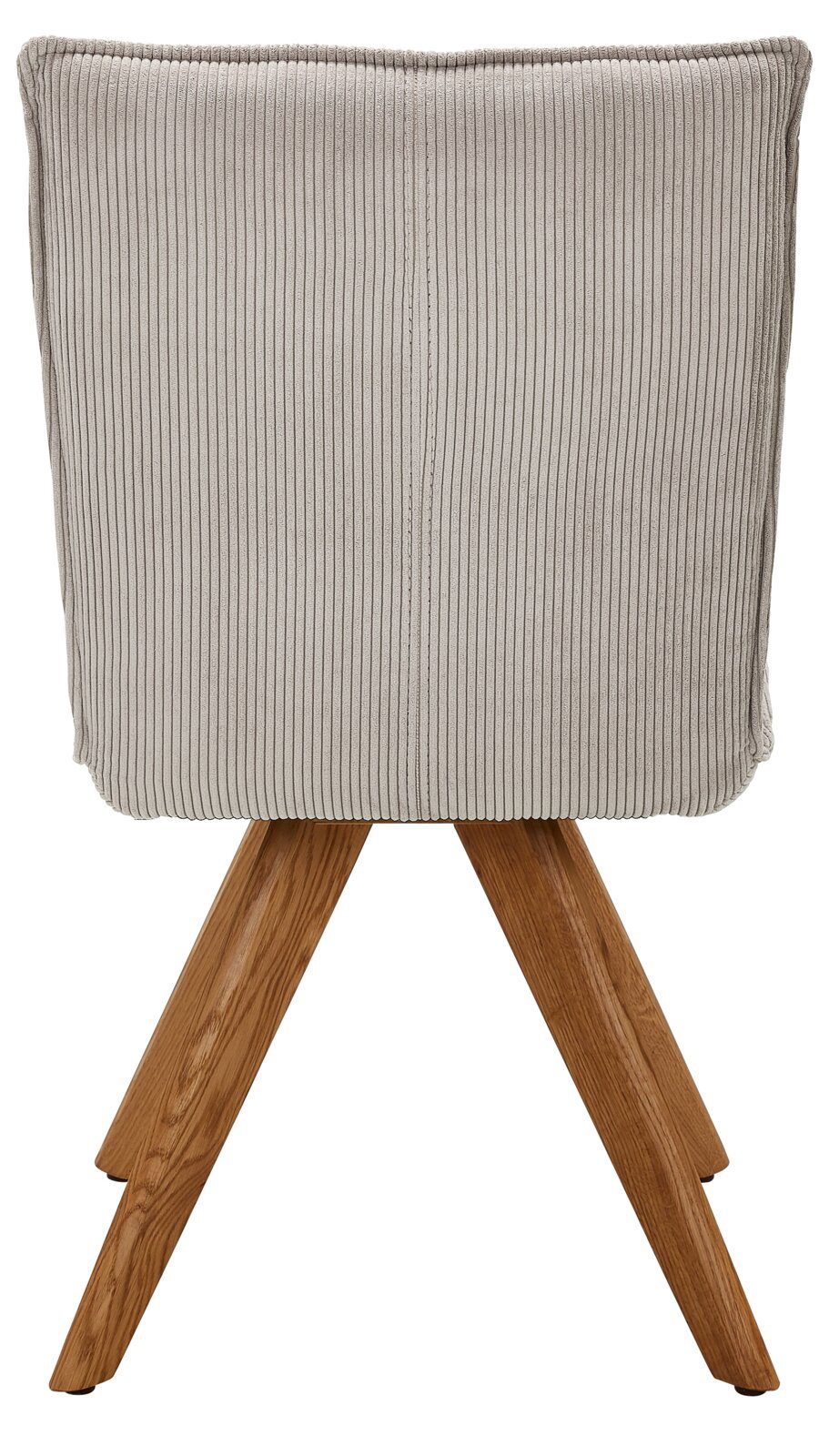 Rückansicht eines Stuhls mit gepolsterter, gerippter Rückenlehne und Holzbeinen.