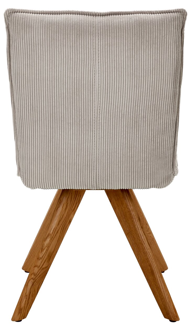 Johann Jakob Stuhl CALAS Rückansicht eines Stuhls mit gepolsterter, gerippter Rückenlehne und Holzbeinen.