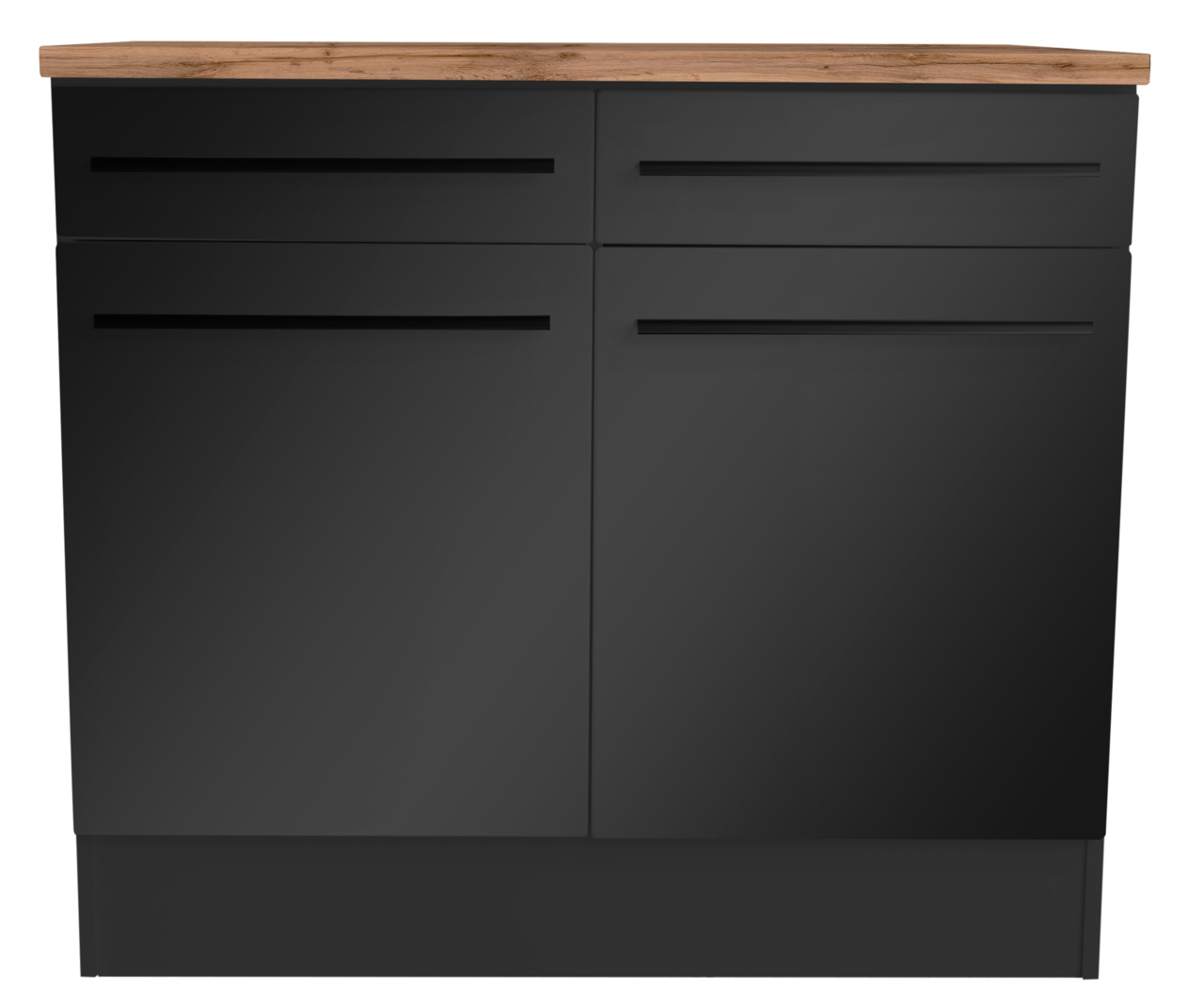 Schwarzer Unterschrank mit zwei Schubladen und Holzarbeitsplatte, Frontalansicht