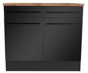 Schwarzer Unterschrank mit zwei Schubladen und Holzarbeitsplatte, Frontalansicht