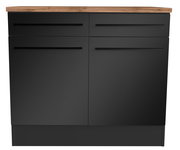 Schwarzer Unterschrank mit zwei Schubladen und Holzarbeitsplatte, Frontalansicht