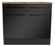 Schwarzer Unterschrank mit zwei Schubladen und Holzarbeitsplatte, Frontalansicht