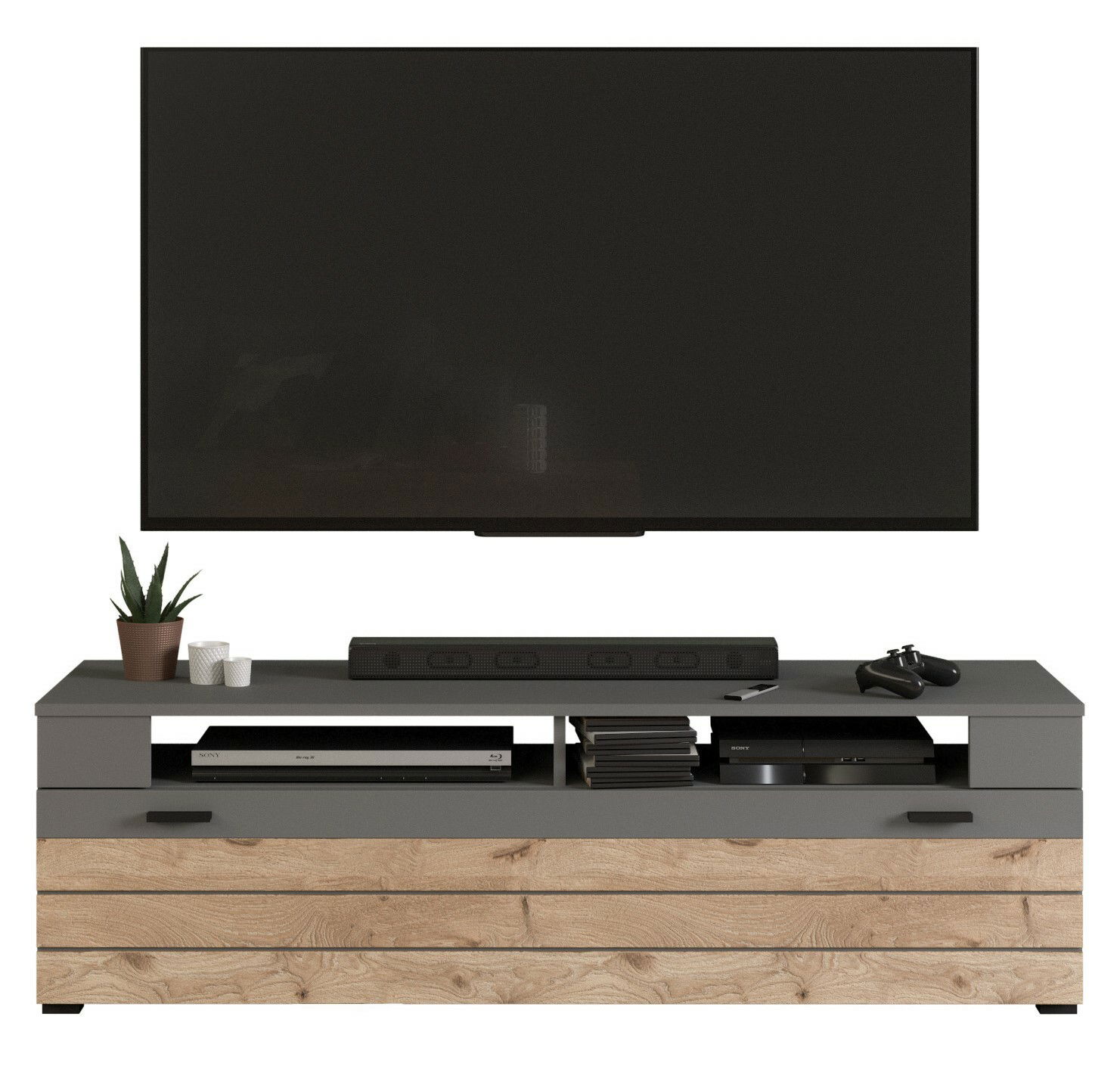 Frontale Ansicht eines modernen Lowboards mit grauer Oberfläche und Holzoptik, dekoriert mit Pflanzen und Elektronikgeräten.