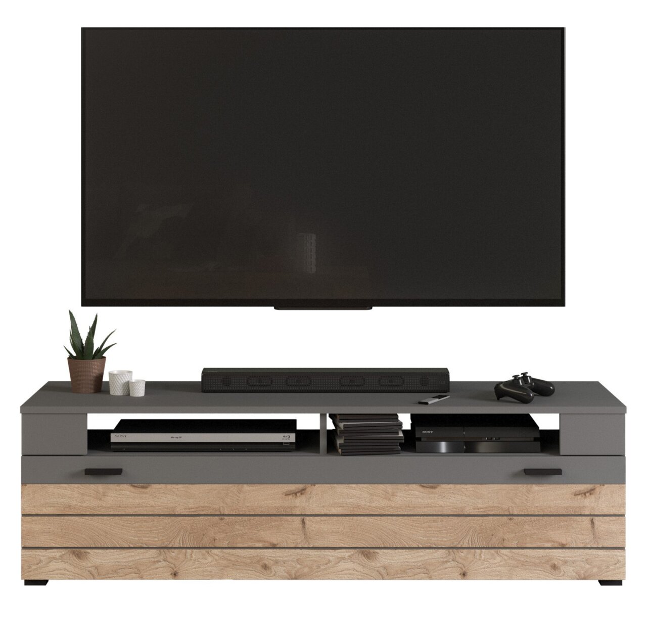 Frontale Ansicht eines modernen Lowboards mit grauer Oberfläche und Holzoptik, dekoriert mit Pflanzen und Elektronikgeräten.