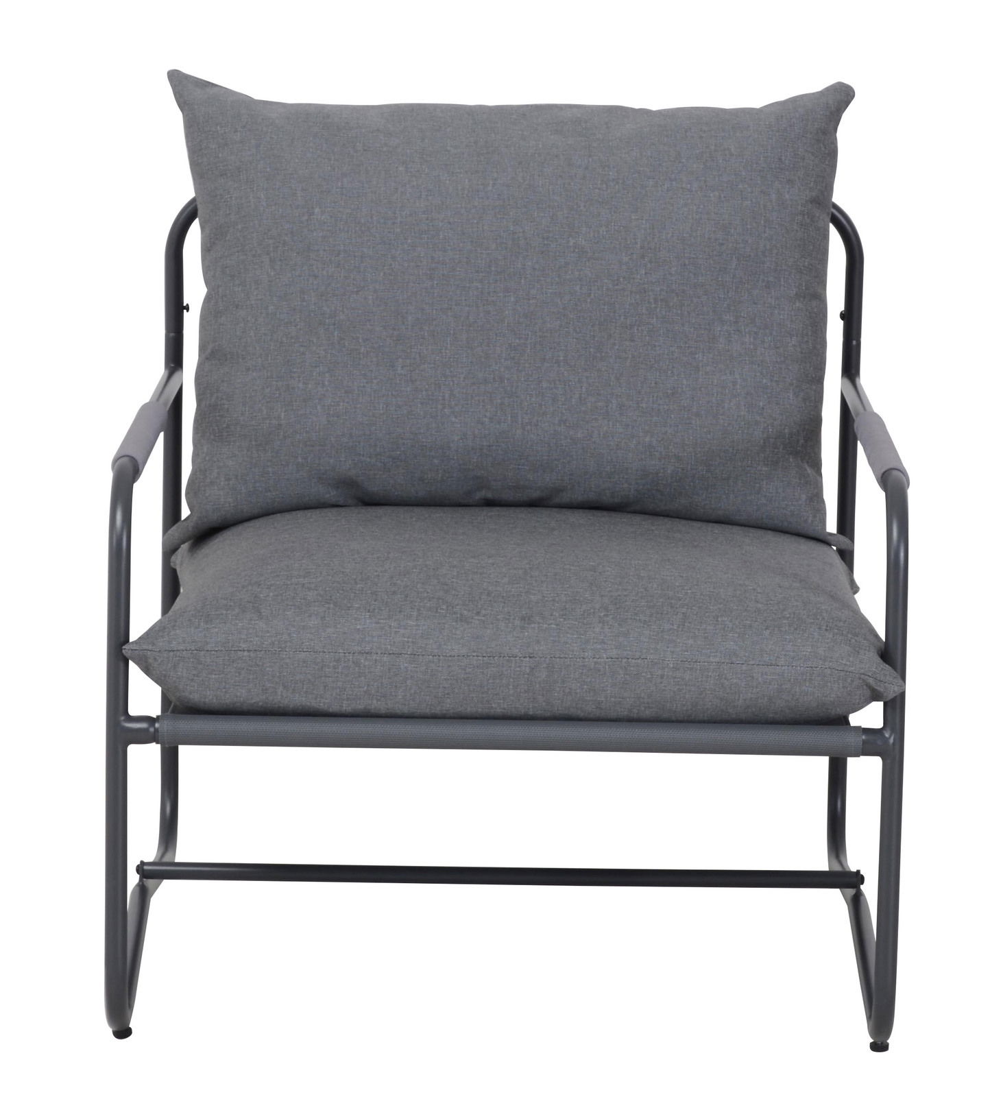 Grauer Loungesessel mit Metallrahmen, Vorderansicht