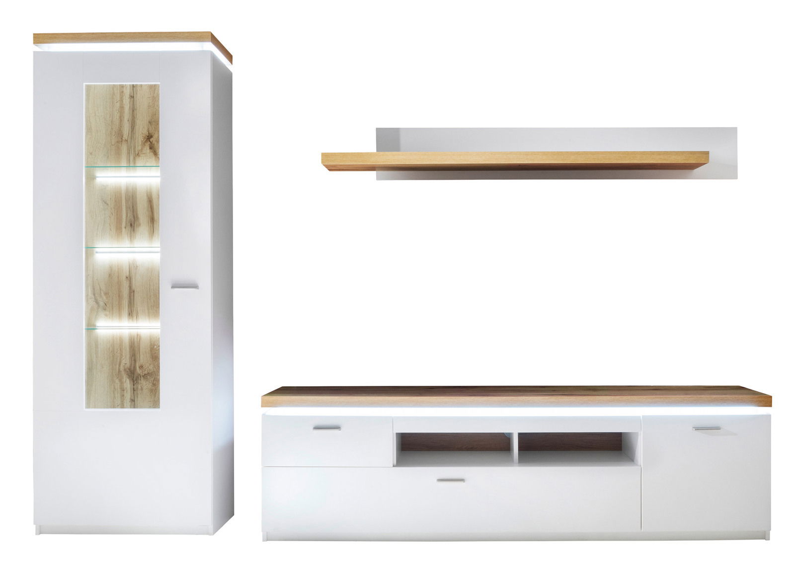 Wohnkombination mit weißem Korpus und Holzdetails, bestehend aus einem hohen Schrank mit Glaselementen und einem niedrigen TV-Board, frontal abgebildet.
