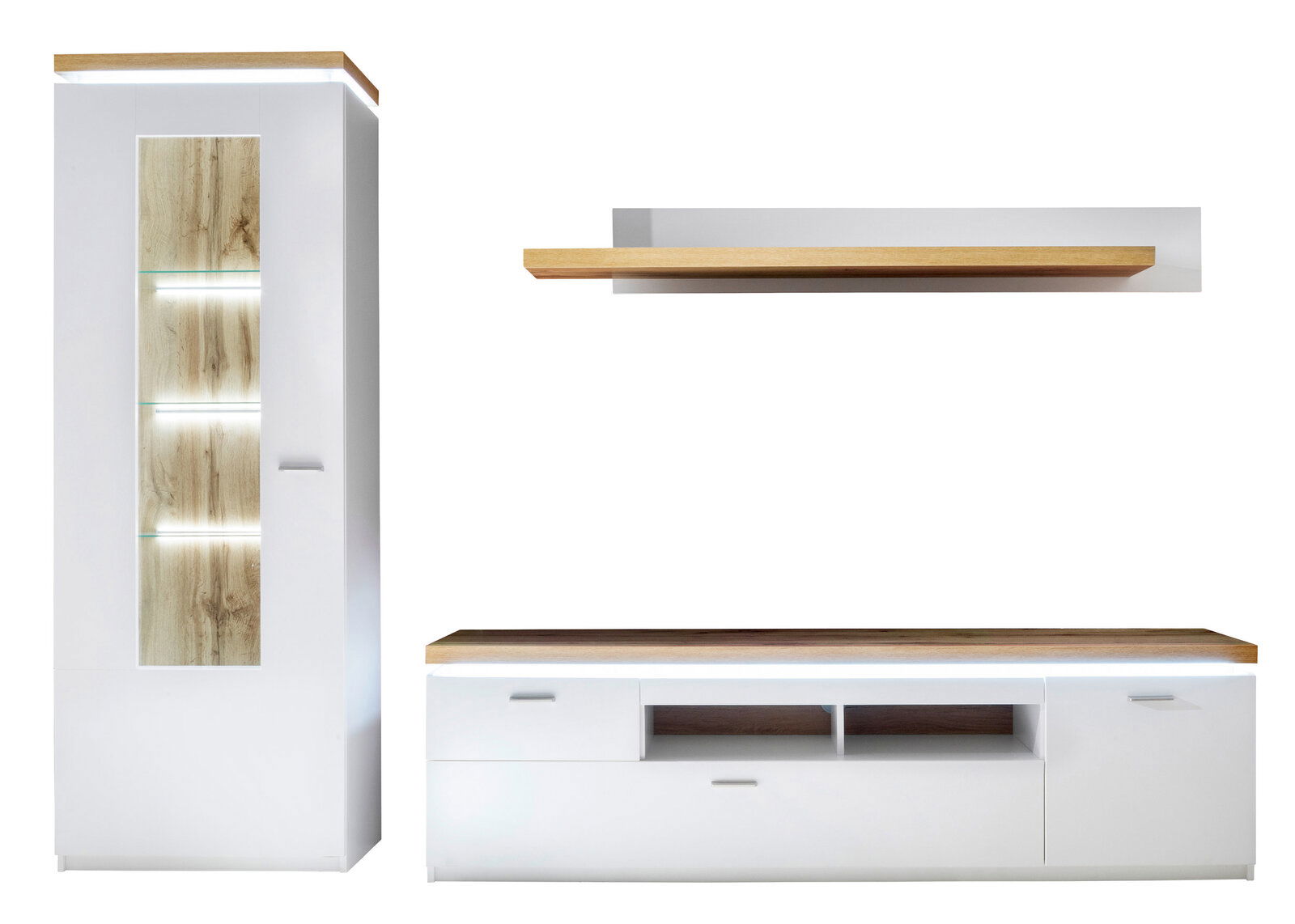 XORA Wohnkombination CALI Wohnkombination mit weißem Korpus und Holzdetails, bestehend aus einem hohen Schrank mit Glaselementen und einem niedrigen TV-Board, frontal abgebildet.